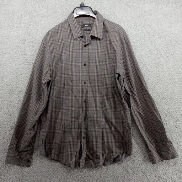 Hugo‎ Boss Shirt Mens Large Dark Gray Plaid Slim Fit Button Up Dressy Office - Picture 1 of 8